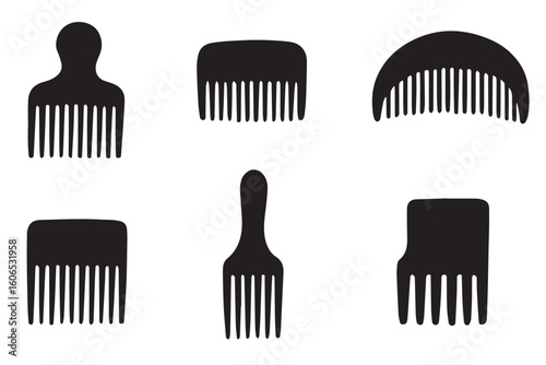 Set of black silhouette hair combs in different styles and shapes, ideal for hairstyling and hair care, beauty salon hair cutting concept