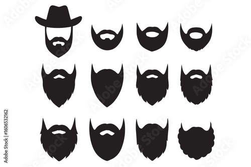 Collection of black silhouette beards in various shapes and styles, featuring different beard designs, ideal for facial hair enthusiasts, beauty salon hair cutting concept