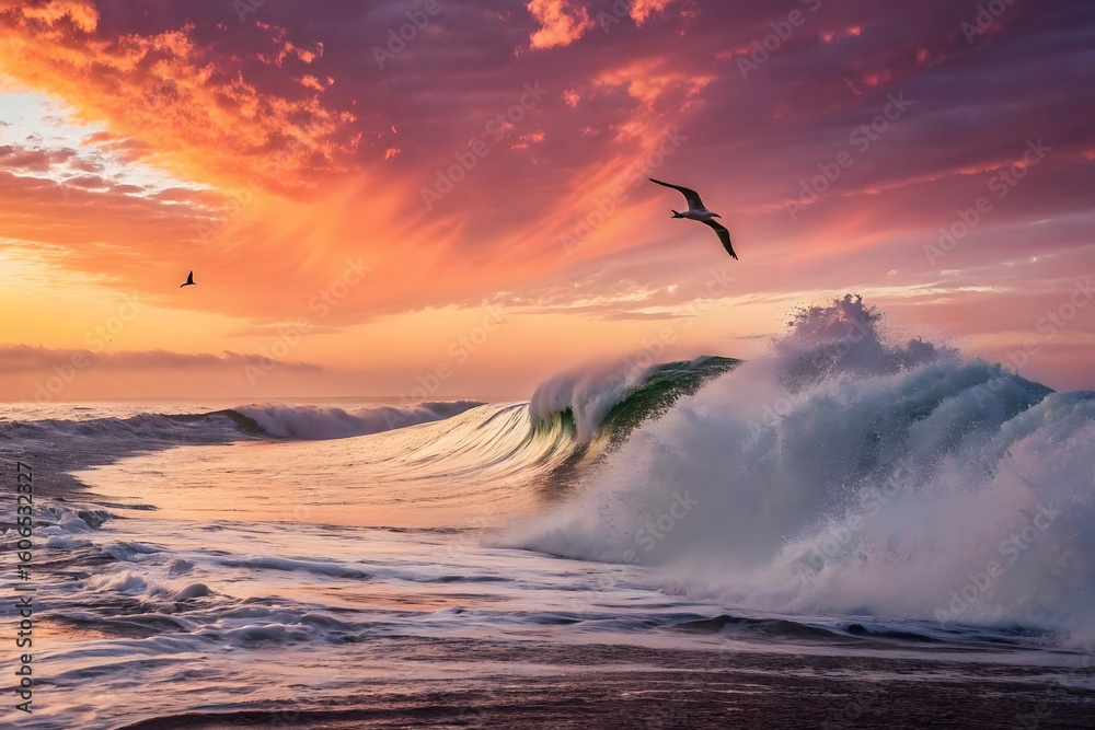 Fototapeta premium Majestic ocean wave crashing under a fiery sunset sky with a soaring bird