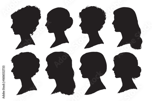 Set of black silhouettes with diverse hairstyles such as short, long, curly, and sleek styles, highlighting versatile looks for hair fashion beauty, beauty salon hair cutting concept