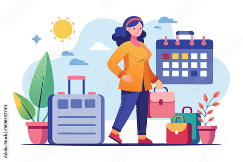 Woman traveler preparing for her annual leave while carrying bags and planning her adventure against a bright sky backdrop