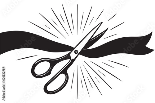 Graphic design of scissors cutting a ribbon with dynamic lines, representing a grand opening or ribbon cutting ceremony, ideal for event branding and celebrations, beauty salon hair cutting concept