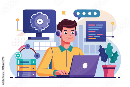 Programmer working on artificial intelligence projects with coding elements in a modern workspace setting