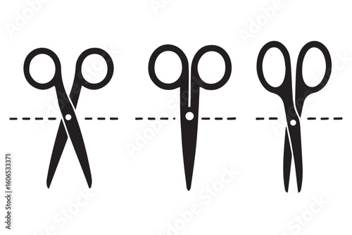 Creative graphic of a pair of scissors with a dotted line, ideal for visual representation of cutting, separation, or precision, beauty salon hair cutting concept