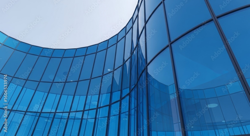 Obraz premium Modern architectural design featuring curved blue glass facade reflecting the sky and surroundings