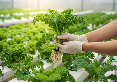 Wallpaper Mural A researcher's gloved hands inspect a fresh kale plant with healthy roots, grown in a modern hydroponic greenhouse system. Torontodigital.ca