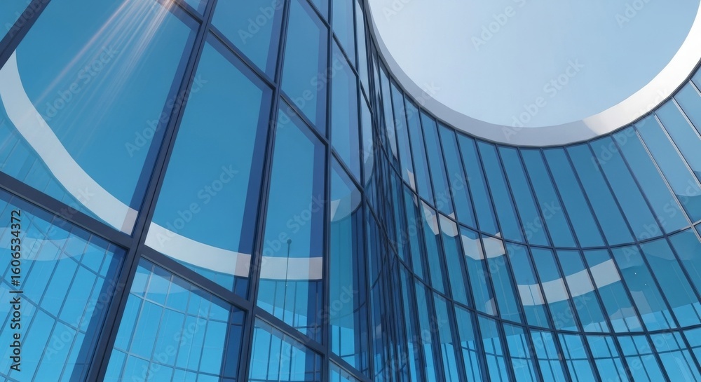 Obraz premium Modern glass building with curved architecture reflecting the sky and clouds in an urban setting