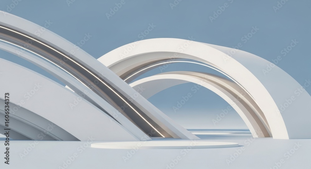 Fototapeta premium Abstract architectural design featuring smooth, flowing white arches against a serene blue background