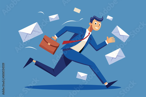 Frightened businessman running away from a pile of flying envelopes while holding a briefcase in a bright blue background during the day