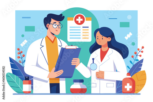Doctors discussing a prescription in a modern clinic setting with medical supplies and charts in the background, highlighting healthcare teamwork and communication