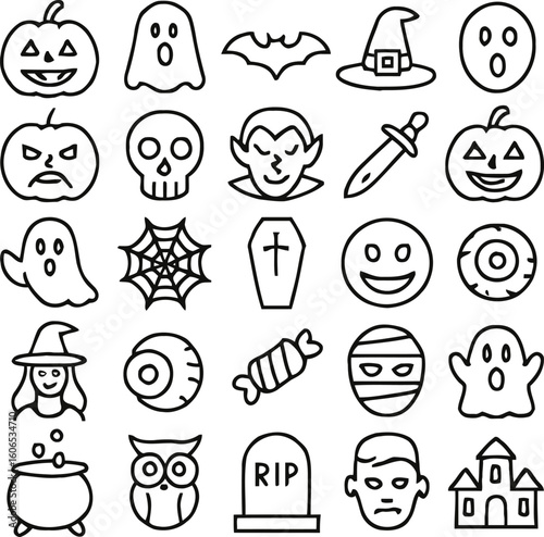 Halloween Line Icons Set | Spooky Ghost, Pumpkin, Skull, Dracula, Witch and More | Vector Illustration Pack