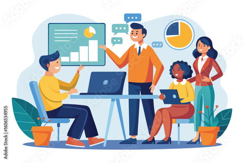 Business team engages in staff training meeting to enhance skills and improve performance using data analysis and discussions in a modern office setting