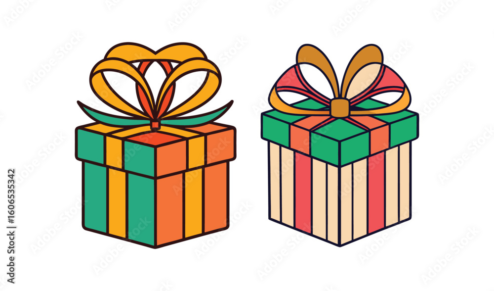 Obraz premium Two colorful hand drawn gift boxes with ribbon bows isolated on white background