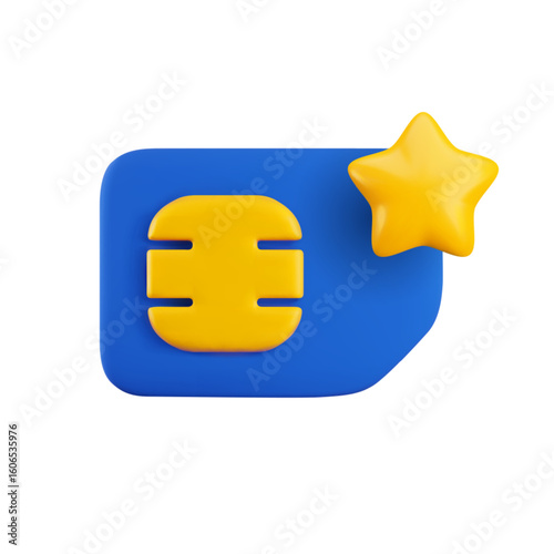 Vector cartoon 3d favorite Sim card icon. Minimal realistic 3d render blue mobile phone gsm SIM card with gold star sign. Communication technology illustration, gsm network eSIM, 4G, 5G concept.