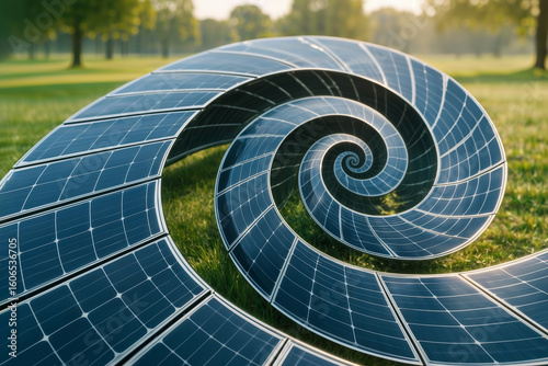 Spiral solar panel art. An artistic, spiral-shaped solar panel installation sits in a green park, blending renewable energy with sculpture.