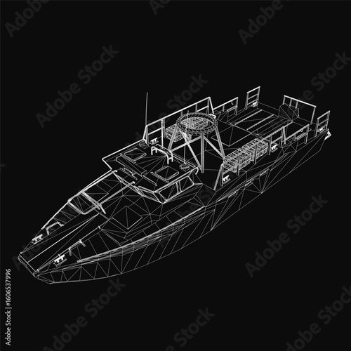 A detailed 3D wireframe model of a military ship on a black background, showcasing intricate blueprint lines and realistic curves. The design highlights structural details and precise engineering.