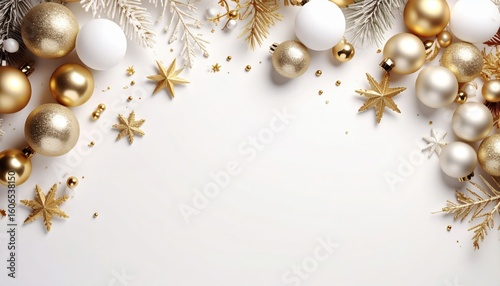 Festive holiday celebration elegant decor gold and white ornaments indoor setting top-down view seasonal aesthetics for christmas cheer