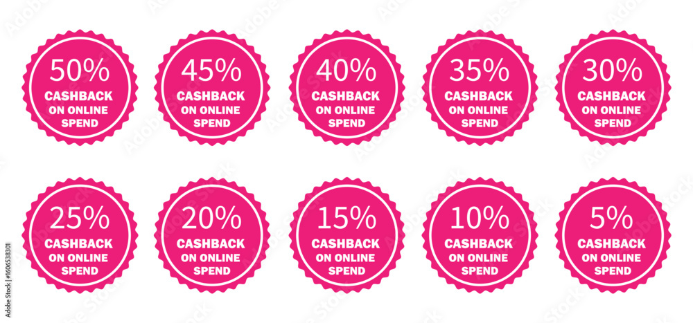 Fototapeta premium Gold cashback percentage badge set for online offers and discount in black, pink, red and blue colour with white background. Premium discount vector design. icon.