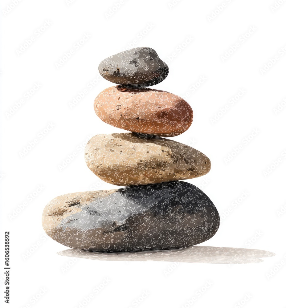 Balanced stack of four differently colored and textured stones on white background Balanced stack of four differently colored and textured stones on white background