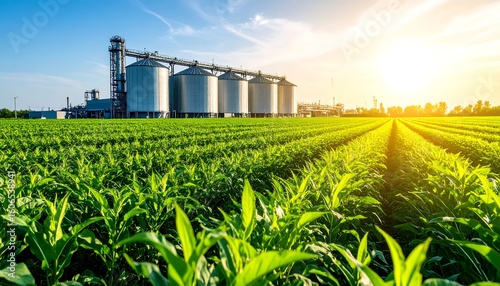 Agricultural silos and a vibrant cornfield at sunset