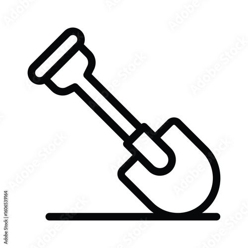 A blackoutlined shovel slightly angled rests on a horizontal line likely ground