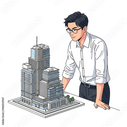 Architect Inspecting Modern Building Model Design