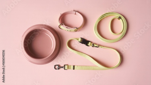 Dog accessories flat lay: pink bowl, collar and leash for pet care and stylish puppy essentials on pinkground