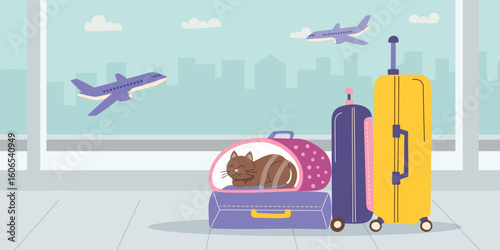 Traveling with pets concept. Airport luggage and cat in carrier. Vector flat banner.
