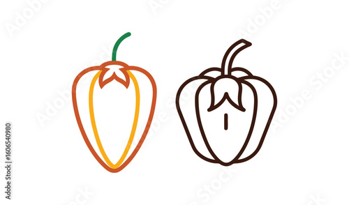 Two stylized bell peppers one outlined in color and one in black and white