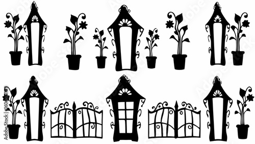 Black silhouette illustration showing garden elements like gates planters and decorative garden structures