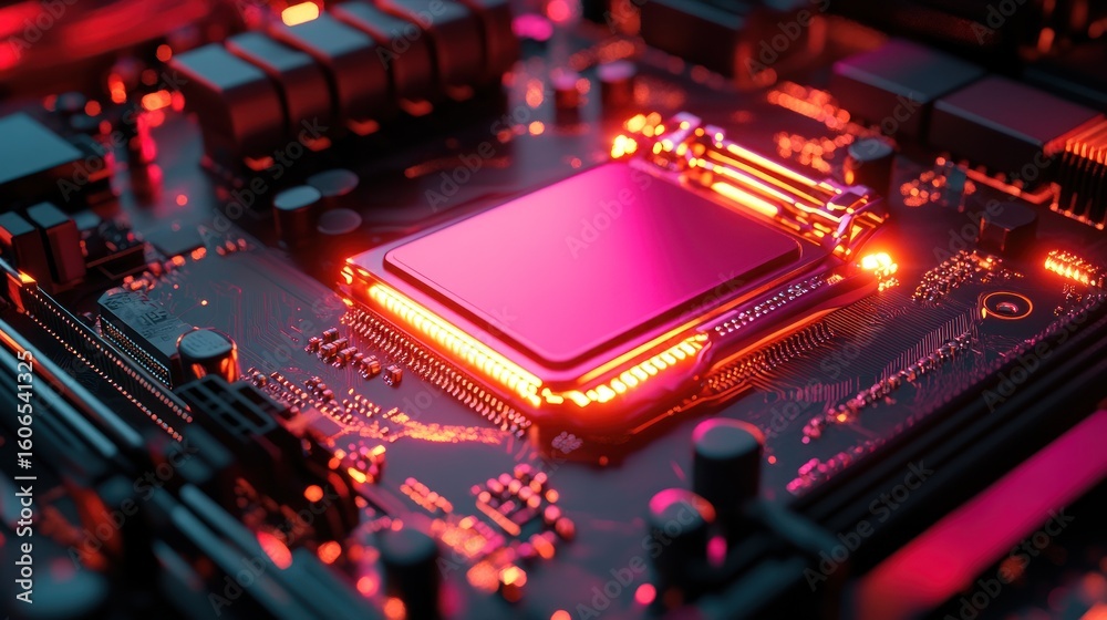 Fototapeta premium Close-up of glowing computer motherboard