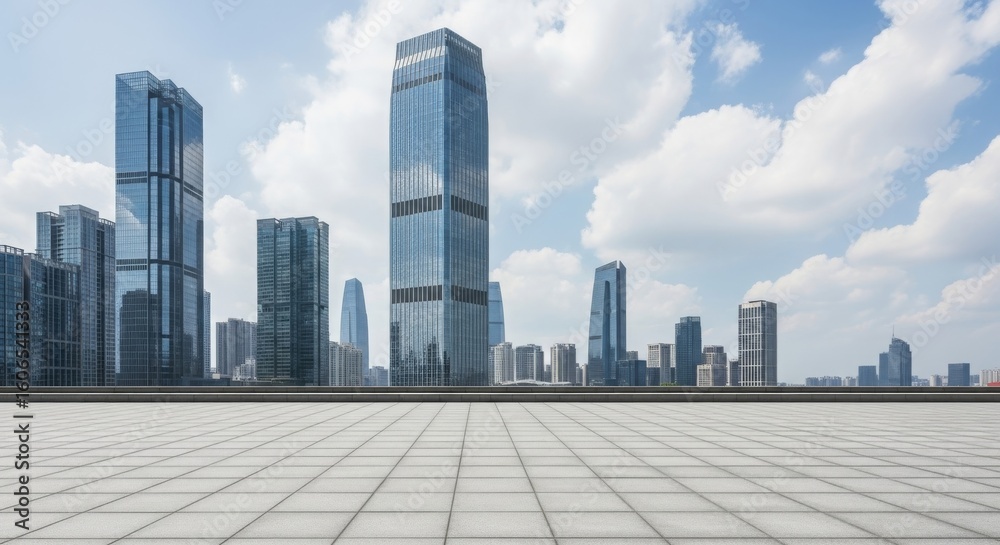 Fototapeta premium Modern skyline featuring tall glass buildings under a bright blue sky with scattered clouds