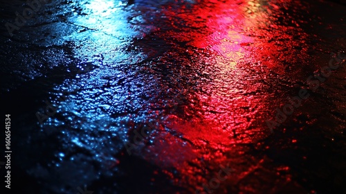 Glowing red and blue emergency lights reflecting on wet pavement in dramatic night scene.