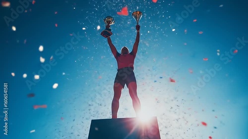Champion stands atop platform, raising two trophies in celebratory confetti storm