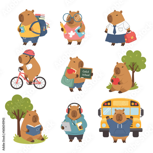 Capybara Education: A set of adorable capybara characters engage in various school-related activities, symbolizing the joy of learning and exploration. 