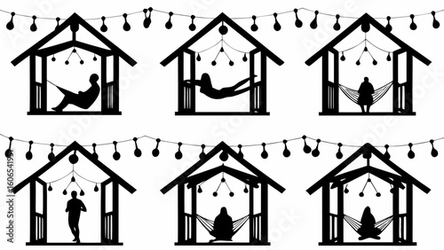Silhouetted figures relaxing in hammocks inside gazebo structures decorated with string lights pattern design