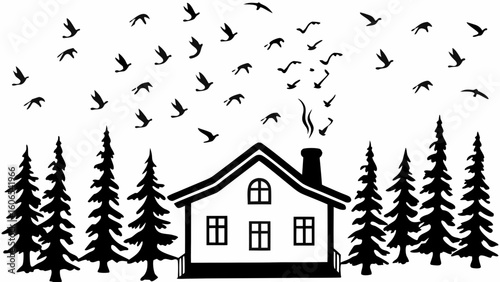 Silhouette of a house with smoke coming from the chimney surrounded by trees and flying birds in the sky