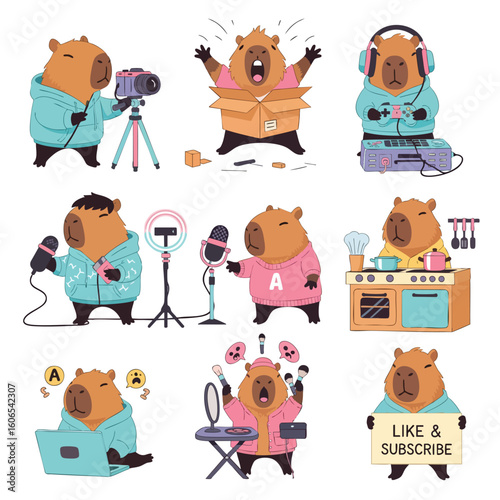 Playful Capybaras: A collection of illustrations showcasing whimsical capybaras engaged in various fun activities.