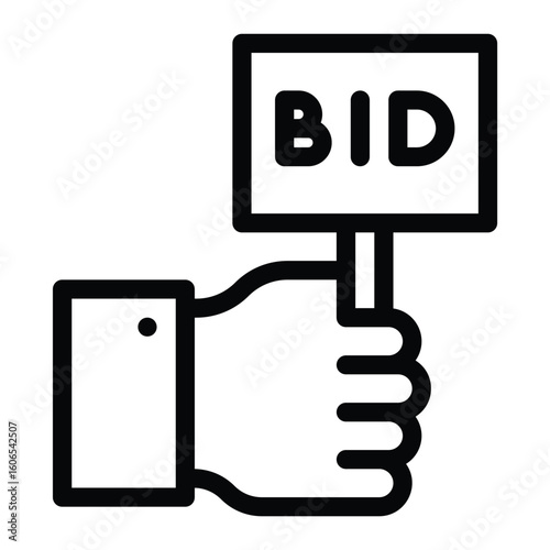 Black and white icon of a hand holding a sign with the word BID