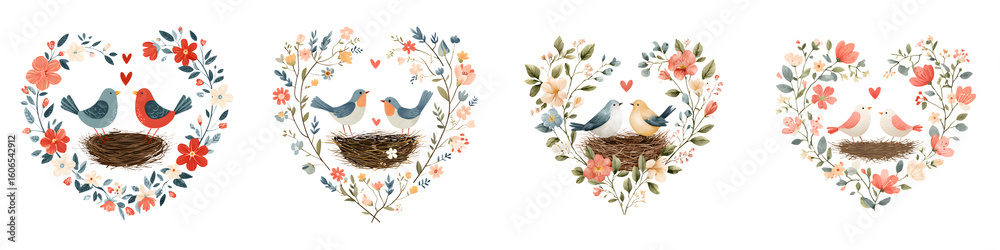 Fototapeta premium Watercolor Birds in Nests Floral Heart Wreaths for Valentine's Day