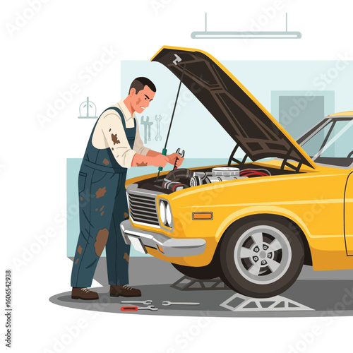 Mechanic Working on Yellow Classic Car Engine