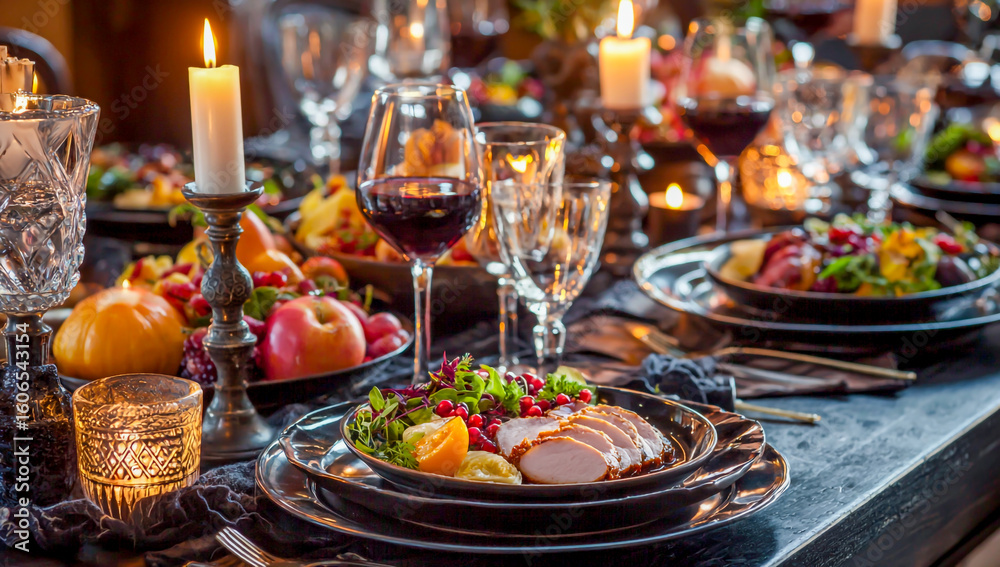 Naklejka premium Elegant Thanksgiving Dinner Table Setting with Candles Wine and Festive Food for a Special Holiday Celebration