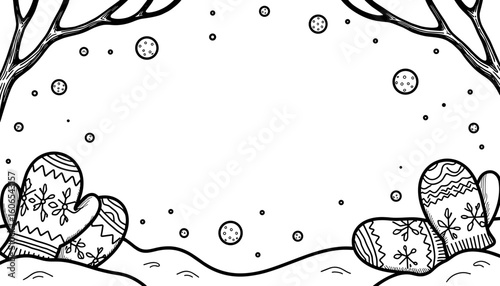 Winter frame with mittens and snowballs – Cute coloring page for kids