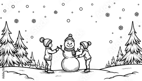 Kids building a snowman in winter landscape – Fun coloring activity for children