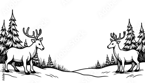 Reindeer and snowy trees drawing – Winter coloring book for kids, black and white