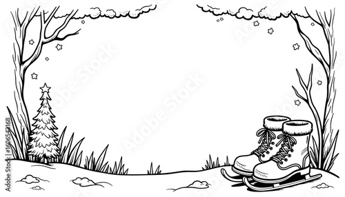 Abstract winter frame with skates and evergreen tree – Kids coloring book illustration