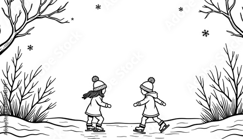 Children ice skating in winter scene – Cute coloring book design for kids
