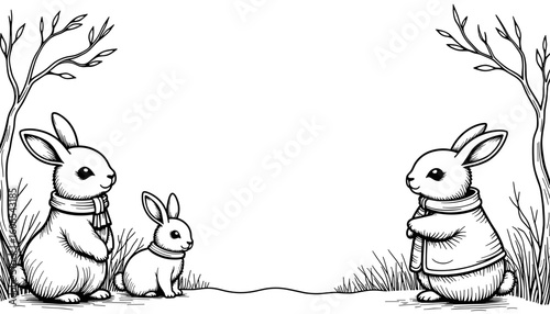 Winter bunnies in coats – Cute coloring page design for kids, black and white