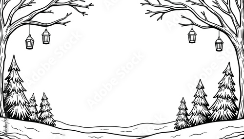 Abstract winter frame with lanterns and trees – Cute coloring book design, kids activity
