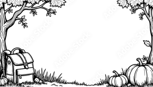 Autumn backpack and pumpkins frame – Kids coloring page, educational activity